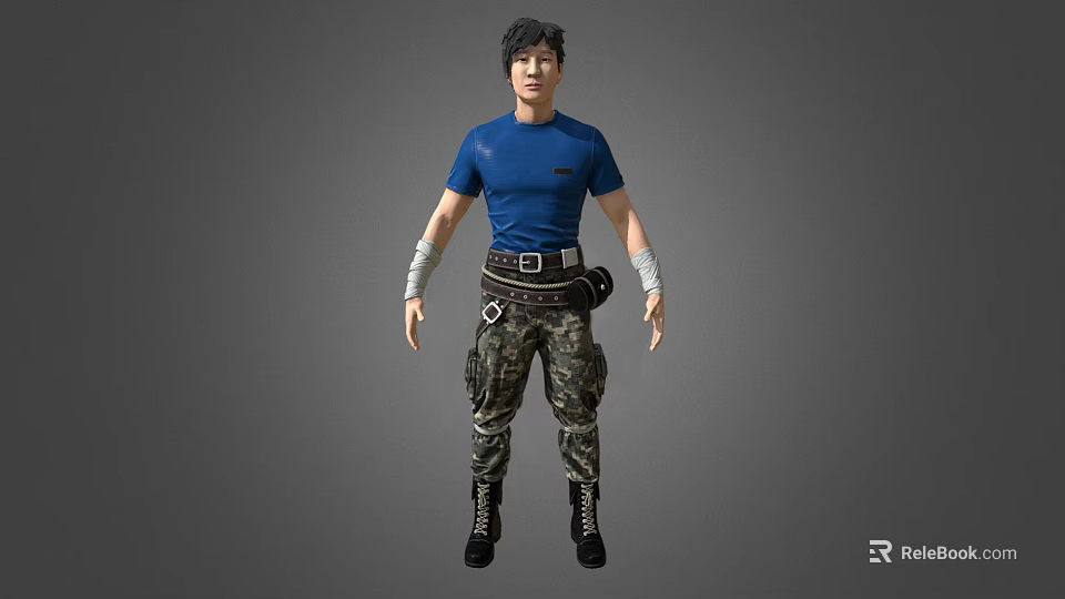 A Stylish Man Wearing Blue T shirt Camouflage Pants Black Boots With Waist Pack And Wristbands 3d model 