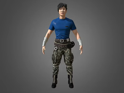 A Stylish Man Wearing Blue T shirt Camouflage Pants Black Boots With Waist Pack And Wristbands 3d model