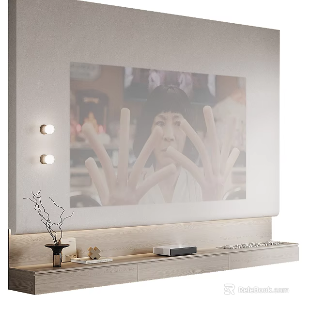 Modern TV Background Wall with Projection Screen Wall Lights TV Cabinet and Decorative Vase 3d model 