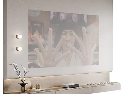 Modern TV Background Wall with Projection Screen Wall Lights TV Cabinet and Decorative Vase 3d model
