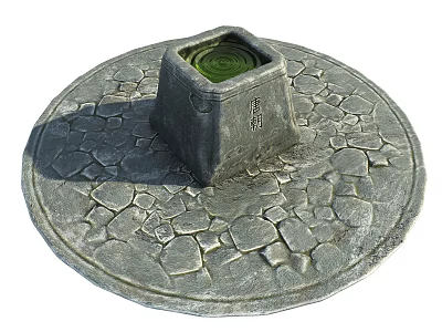 Garden Ornament Featuring Square Stone Water Feature On Circular Cracked Pavement 3d model