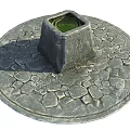 Garden Ornament Featuring Square Stone Water Feature On Circular Cracked Pavement 3d model
