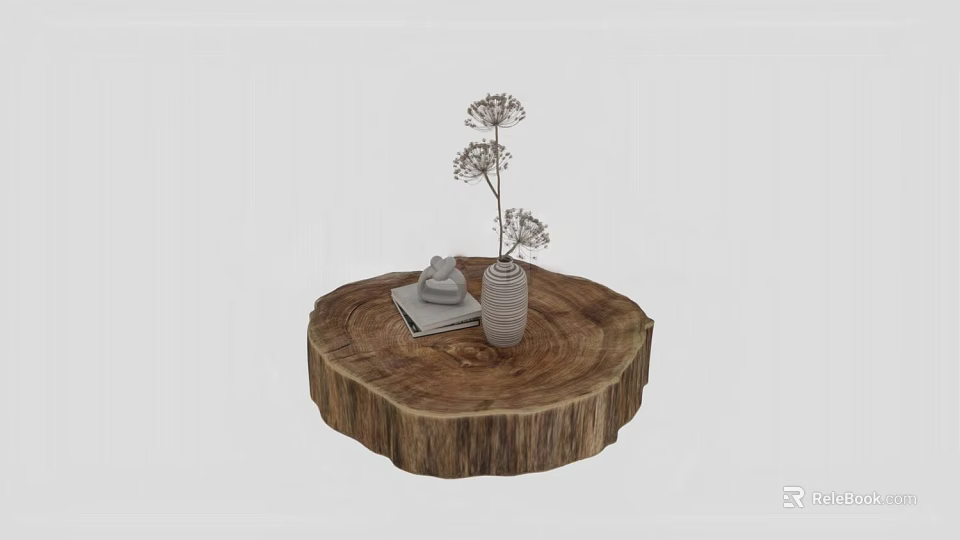 Round Wooden Stump Coffee Table with White Vase Dried Flowers Books and Frog Decoration 3d model 