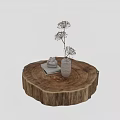 Round Wooden Stump Coffee Table with White Vase Dried Flowers Books and Frog Decoration