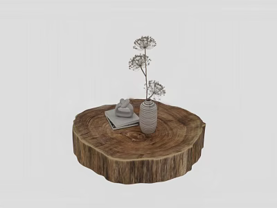 Round Wooden Stump Coffee Table with White Vase Dried Flowers Books and Frog Decoration 3d model