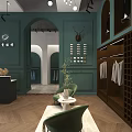 Clothing Store Interior With Teal Walls Reception Desk Hanging Clothes And Mannequin In Suit