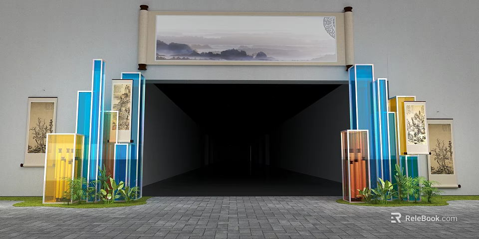 Chinese Style Event Entrance with Scroll Landscape Painting Blue Pillars and Green Plants 3d model 