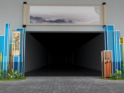 Chinese Style Event Entrance with Scroll Landscape Painting Blue Pillars and Green Plants 3d model