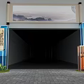 Chinese Style Event Entrance with Scroll Landscape Painting Blue Pillars and Green Plants