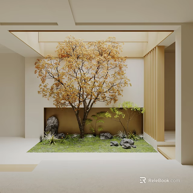 Elegant Zen Style Indoor Courtyard Landscape With Golden Leaf Tree And Natural Stone Plant Combinations 3d model 