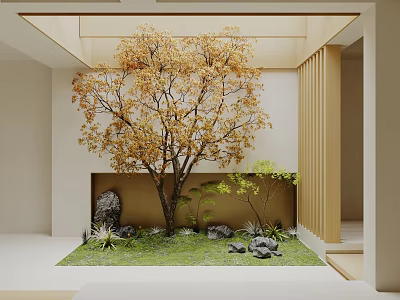 Elegant Zen Style Indoor Courtyard Landscape With Golden Leaf Tree And Natural Stone Plant Combinations 3d model