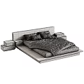Modern Double Bed With Wooden Frame Minimalist Headboard And Gray Bedding