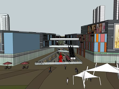 Bustling Modern Commercial Street With Stylish Buildings Shops Pedestrians Billboards And Outdoor Umbrellas 3d model