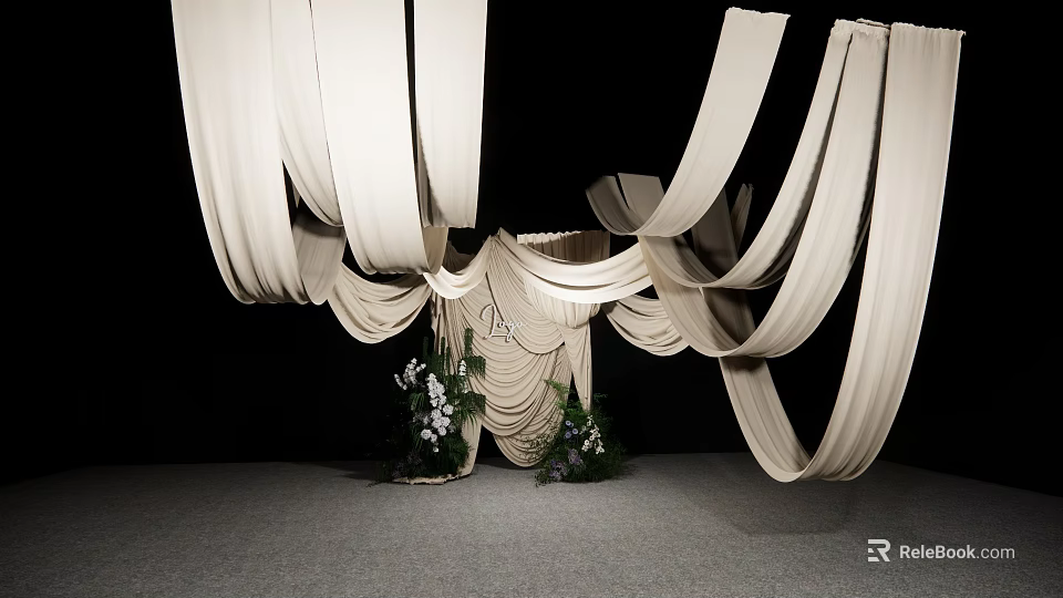 Stylish Floral Display Featuring White Draped Fabric And Central Decorative Greenery On Gray Floor 3d model 