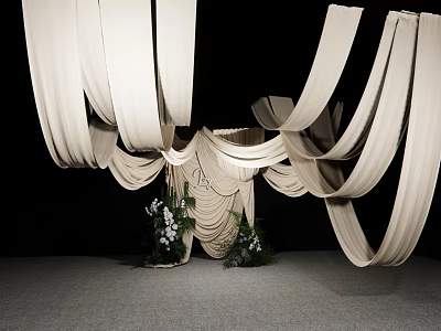 Stylish Floral Display Featuring White Draped Fabric And Central Decorative Greenery On Gray Floor 3d model