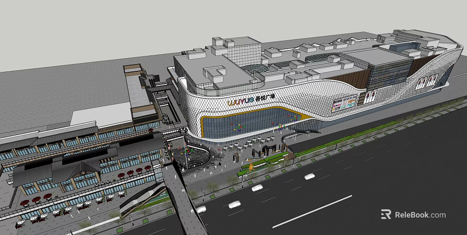 Modern Commercial Complex Shopping Mall Exterior With Glass Facade And Pedestrian Area 3d model 