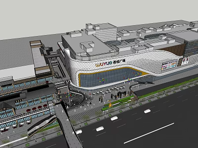 Modern Commercial Complex Shopping Mall Exterior With Glass Facade And Pedestrian Area 3d model