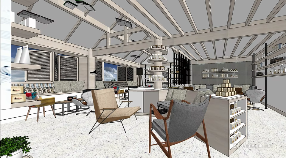 Modern Cafe Interior Design With Comfortable Seating Display Shelves And Wooden Ceiling 3d model 