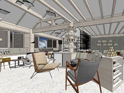 Modern Cafe Interior Design With Comfortable Seating Display Shelves And Wooden Ceiling 3d model
