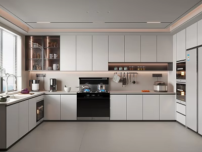 Modern Kitchen Interior With White Cabinets Island Counter And Built in Appliances 3d model