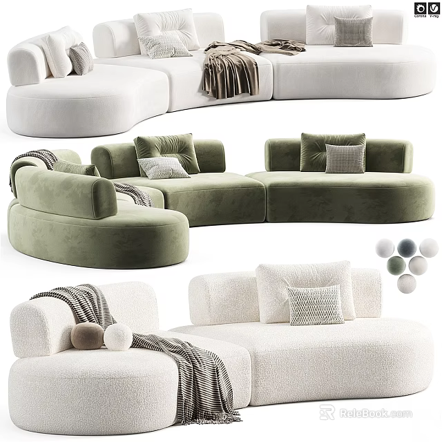 Modern White and Green Curved Sofa with Pillows and Blanket for Interior Design 3d model 