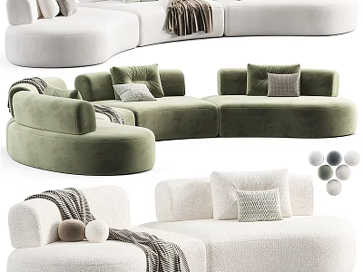 Modern White and Green Curved Sofa with Pillows and Blanket for Interior Design 3d model