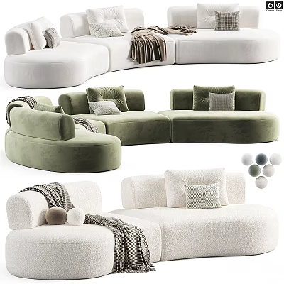 Modern White and Green Curved Sofa with Pillows and Blanket for Interior Design 3d model