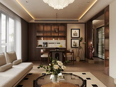 Modern Living and Dining Room Interior Design With Chandelier Sofa Coffee Table and Wooden Cabinets 3d model
