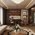 Modern Living and Dining Room Interior Design With Chandelier Sofa Coffee Table and Wooden Cabinets
