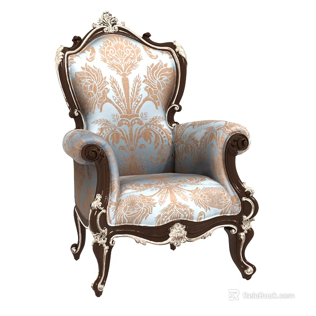 Classic European Style Single Sofa With Intricate Wooden Carvings And Blue Gold Floral Fabric 3d model 
