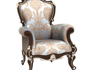 Classic European Style Single Sofa With Intricate Wooden Carvings And Blue Gold Floral Fabric 3d model