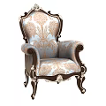 Classic European Style Single Sofa With Intricate Wooden Carvings And Blue Gold Floral Fabric