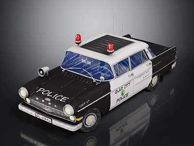 Vintage Black And White Police Car Model With Red Sirens And POLICE Lettering 3d model