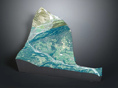 3D Topographic Terrain Model With Mountain River And Green Vegetation Layers 3d model