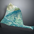 3D Topographic Terrain Model With Mountain River And Green Vegetation Layers
