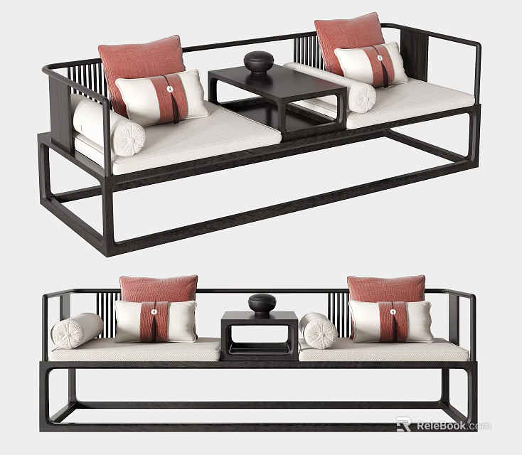 Chinese Style Multi Seater Sofa With Wooden Frame White Cushions Red Pillows And Coffee Table 3d model 