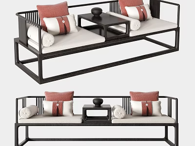 Chinese Style Multi Seater Sofa With Wooden Frame White Cushions Red Pillows And Coffee Table 3d model