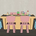 Yellow Children's Table With Pink Blue Chairs And Building Block Toys For Kids Play