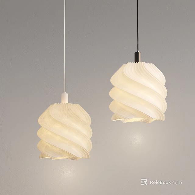 Two White Spiral Shaped Pendant Lights Hanging In Gray Interior Space 3d model 