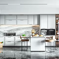 Modern White Kitchen Interior With Marble Backsplash Island Bar Stools And Appliances 3d model