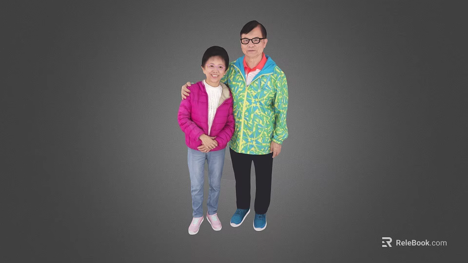 Two People Standing Together in Colorful Jackets Against Gray Background 3d model 