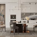 Modern Cream Style Round Dining Table and Chair Combination Long Table Sideboard Artwork Decoration Restaurant Chandelier 3d model