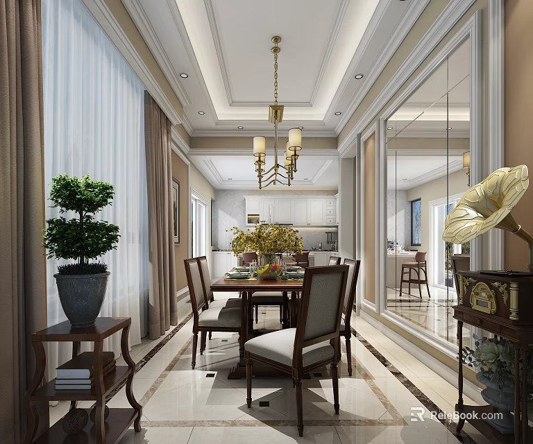 Elegant Dining Room Interior With Chandelier Dining Table Chairs And Green Plant 3d model 