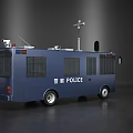 Blue Police Utility Vehicle With Roof Equipment Grilled Windows And Signage