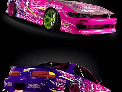 Custom Modified Pink And Purple Car With Vibrant Graphics And Colored Wheels 3d model