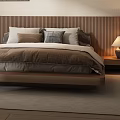 Modern Minimalist Bedroom With Wooden Headboard Large Windows Natural View And Textured Painting