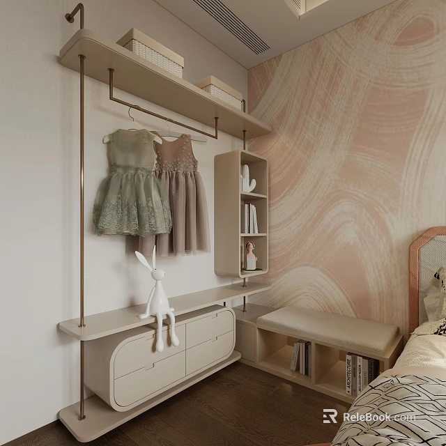 Modern Wardrobe With Hanging Dresses Drawer Cabinet Rabbit Doll Decor Side Bench Wavy Pattern Wallpaper 3d model 