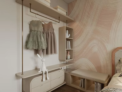Modern Wardrobe With Hanging Dresses Drawer Cabinet Rabbit Doll Decor Side Bench Wavy Pattern Wallpaper 3d model