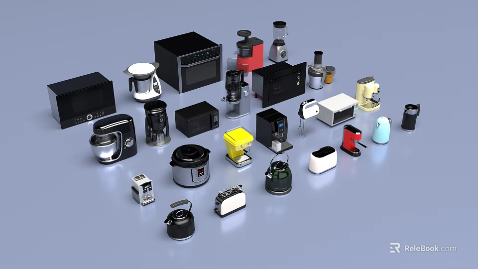 Assorted Kitchen Appliances Collection Featuring Microwave Blender Coffee Maker Toaster And More 3d model 