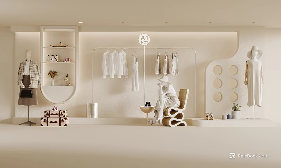 Modern Clothing Store Interior With Hanging White Clothes Display Racks And Decorative Chairs 3d model 